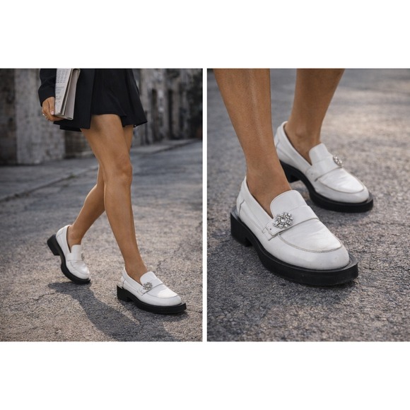 Ganni Shoes - Ganni Leather Crystal Embellished Loafers Womens 7 White Good Chunky Lug Sole